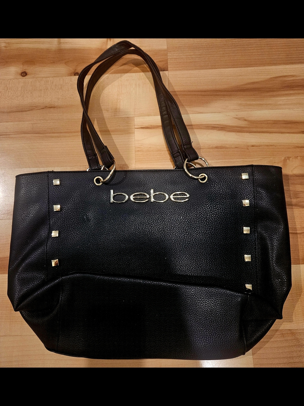 bebe Black Tote with Gold Logo and Stud Accents